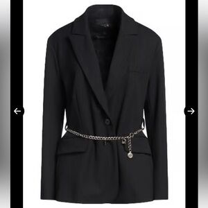 Maje Black Pinstripe Twill Blazer with Chain Accent